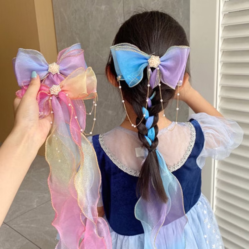 Jepit rambut rumbai panjang anak perempuan mutiara pearl rainbow warna warni jepitan hairclip hairkl