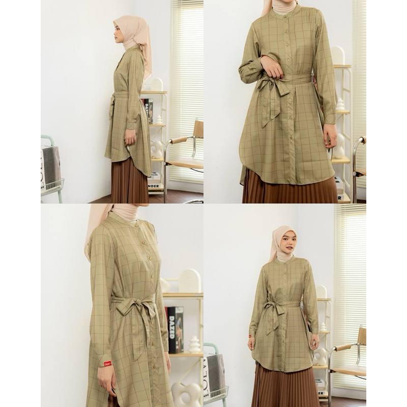DAUKY L Tunic Plaid Rayon - Fashion Wanita - Tunic Atasan Belt Pinggang Motif Garis Kotak - Bahan Ra
