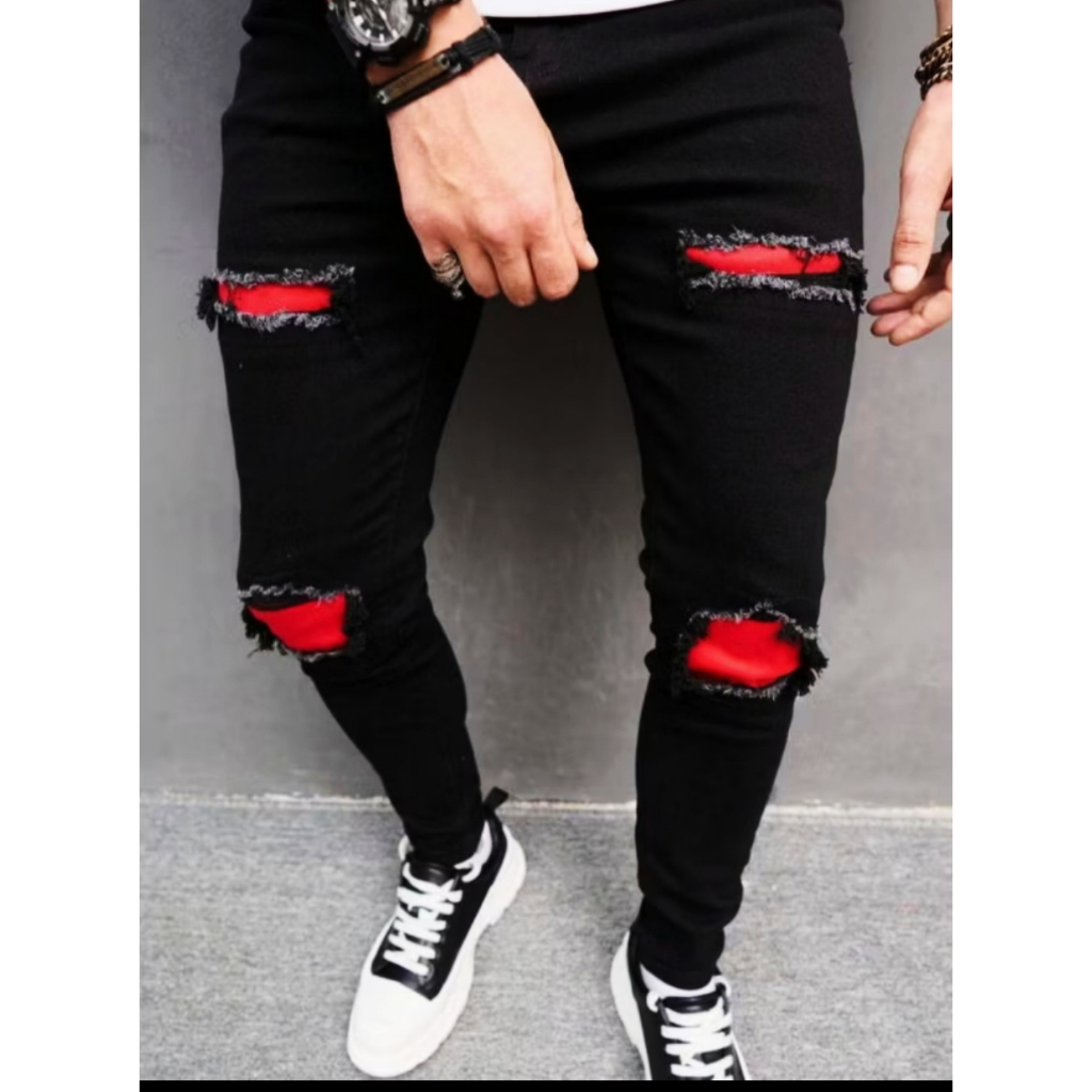 Celana Jeans Sobek Pria BIKERS style keren / Celana Jeans Hitam Robek Merah