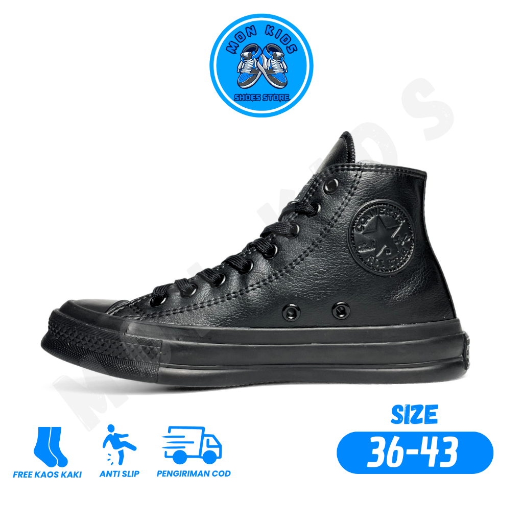 Converse High Leather Full Black - Sepatu Sneakers Casual Klasik Pria & Wanita