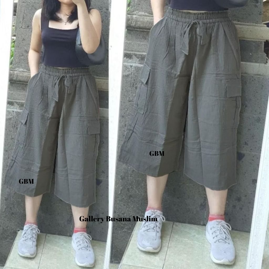 Celana Kulot 7/8 Cargo Bahan Linen Premium Kekinian Pinggang Karet Celana Wanita Kulot Linen Standar