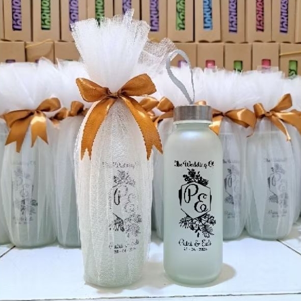 Souvenir Wedding Botol  Kaca Tumbler Dove Kemas Kain Tile Pita Cantik