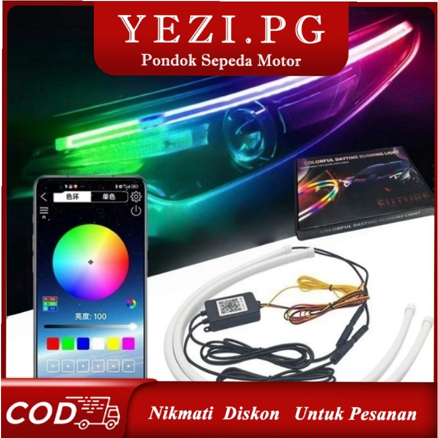 2 Buah Lampu Berjalan Siang Hari RGB DRL Universal Fleksibel Mengalir Multi Warna Aplikasi Remote St