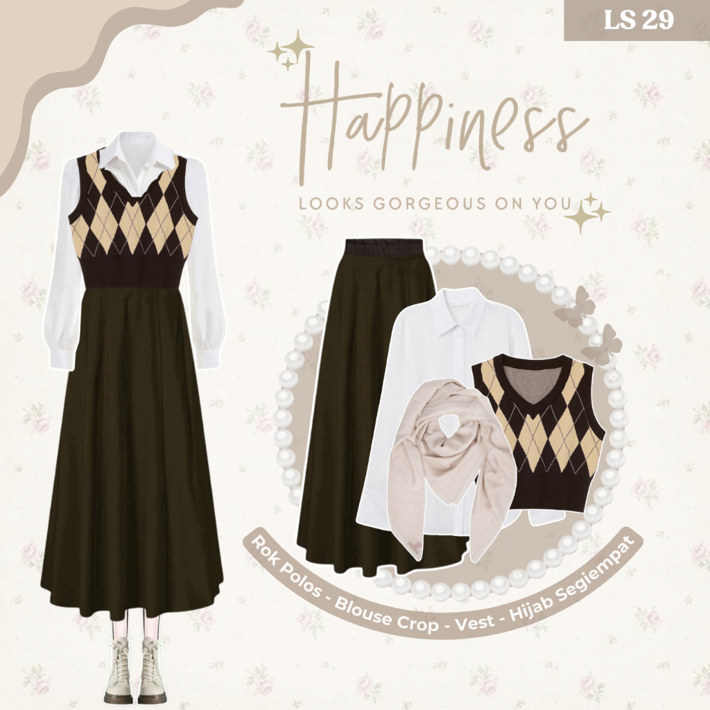 Outfit Yearbook Vintage | OOTD Vintage Outfit (Vest Rajut Coklat, Kemeja Basic Polos Putih, Rok Mayu