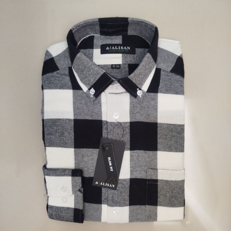 Alisan Kemeja Pria Flanel Kotak Kotak Besar Hitam Putih Lengan Panjang Slimfit
