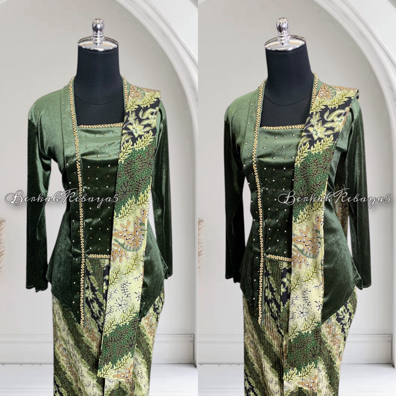 Setelan Kebaya Kutu Baru Parel Warna Olive / Kebaya + Selendang + Jarik Wiru