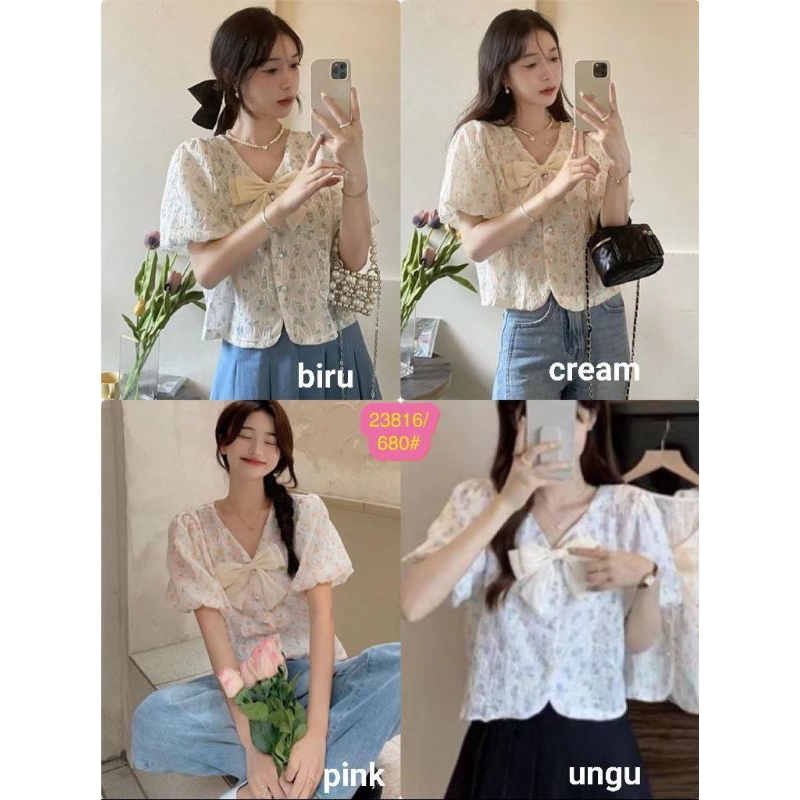 Atasan Pita Import 23816-680 Bhn Katun Motif Bunga Fit L Import Warna Biru & Ungu - Linen, Panjang, 