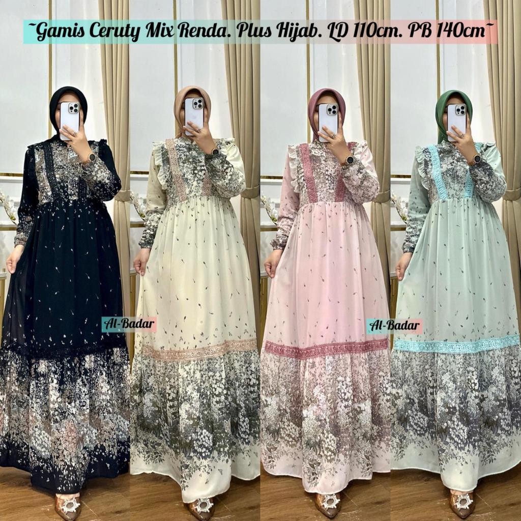 Gamis Ceruty Babydoll Variasi Renda/Gamis Set Hijab/Motif Bunga Terbaru/Gamis Kondangan/Gamis Cantik