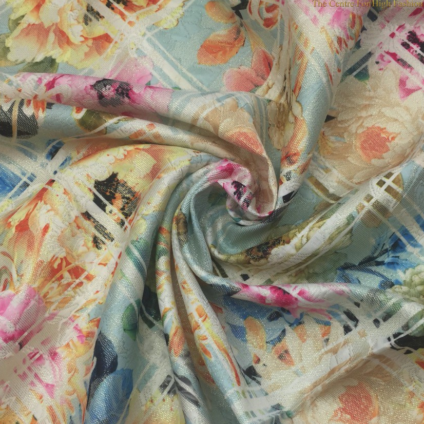 Kain Jacquard Motif Bunga Kotak Garis - Soft Pink Biru (1M)