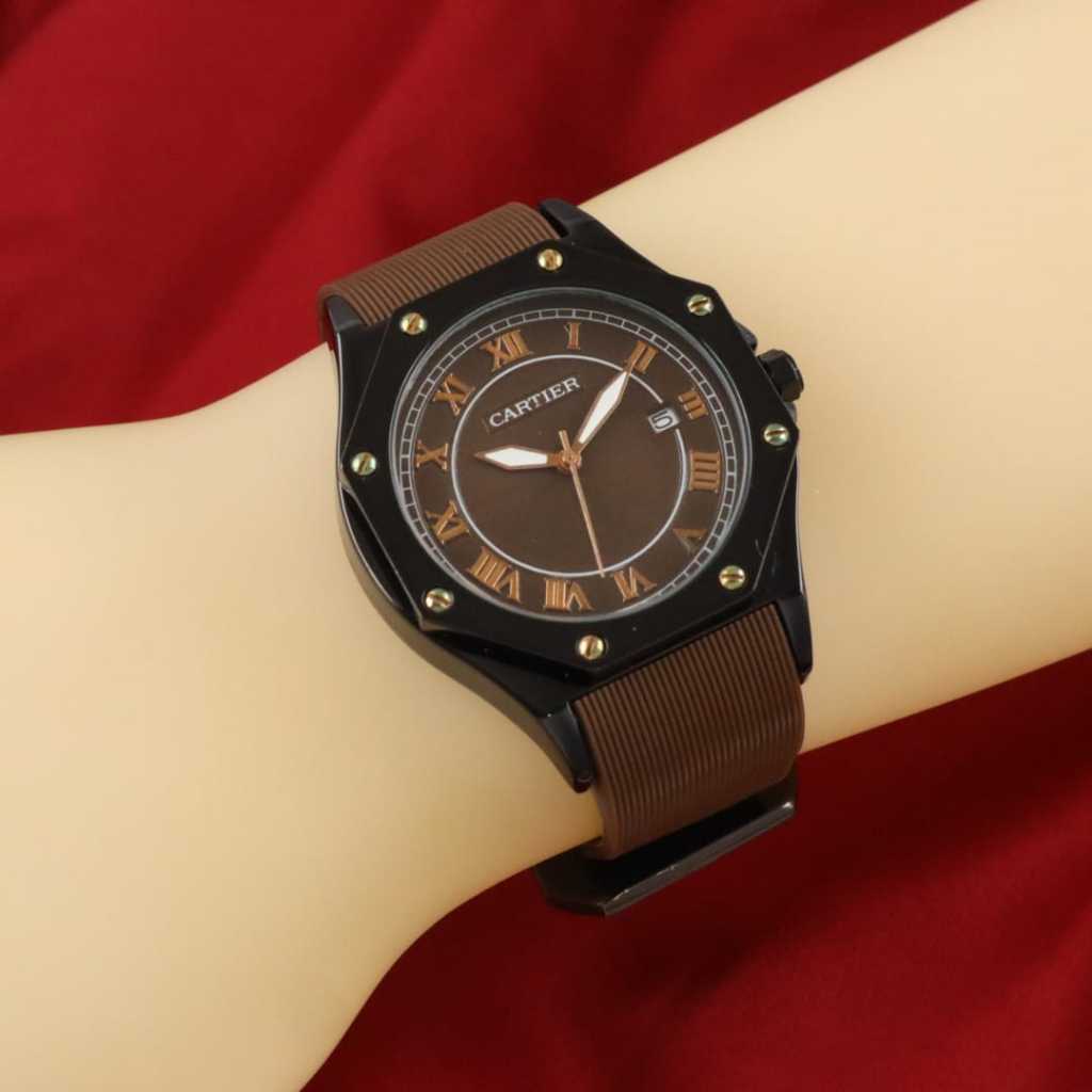 JAM TANGAN CARTIER WANITA TANGGAL AKTIF TALI KARET BISA COD TERMURAH