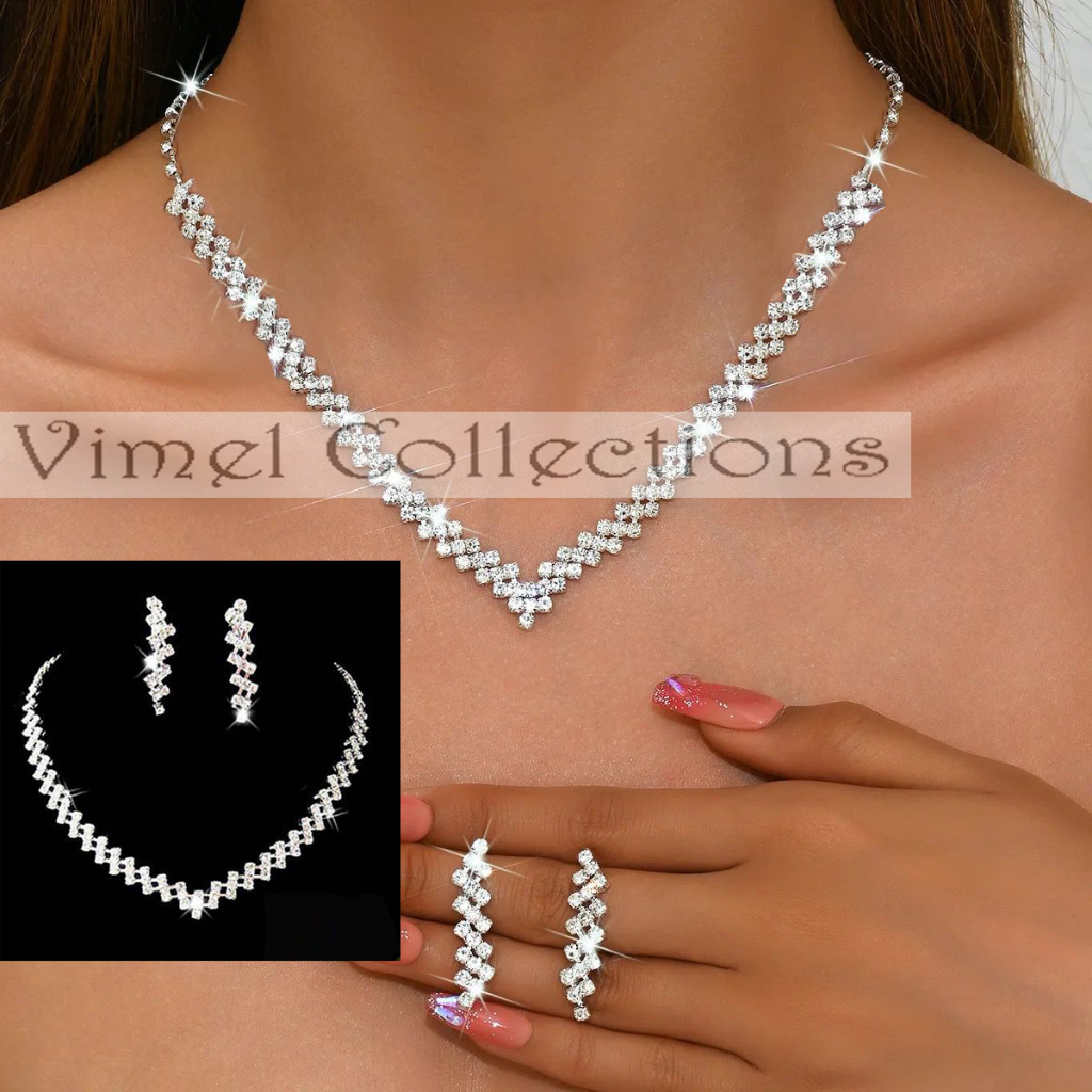 Kalung Pesta 1 Set Anting Anting - Kalung Diamond Imitasi - Perhiasan Set marina
