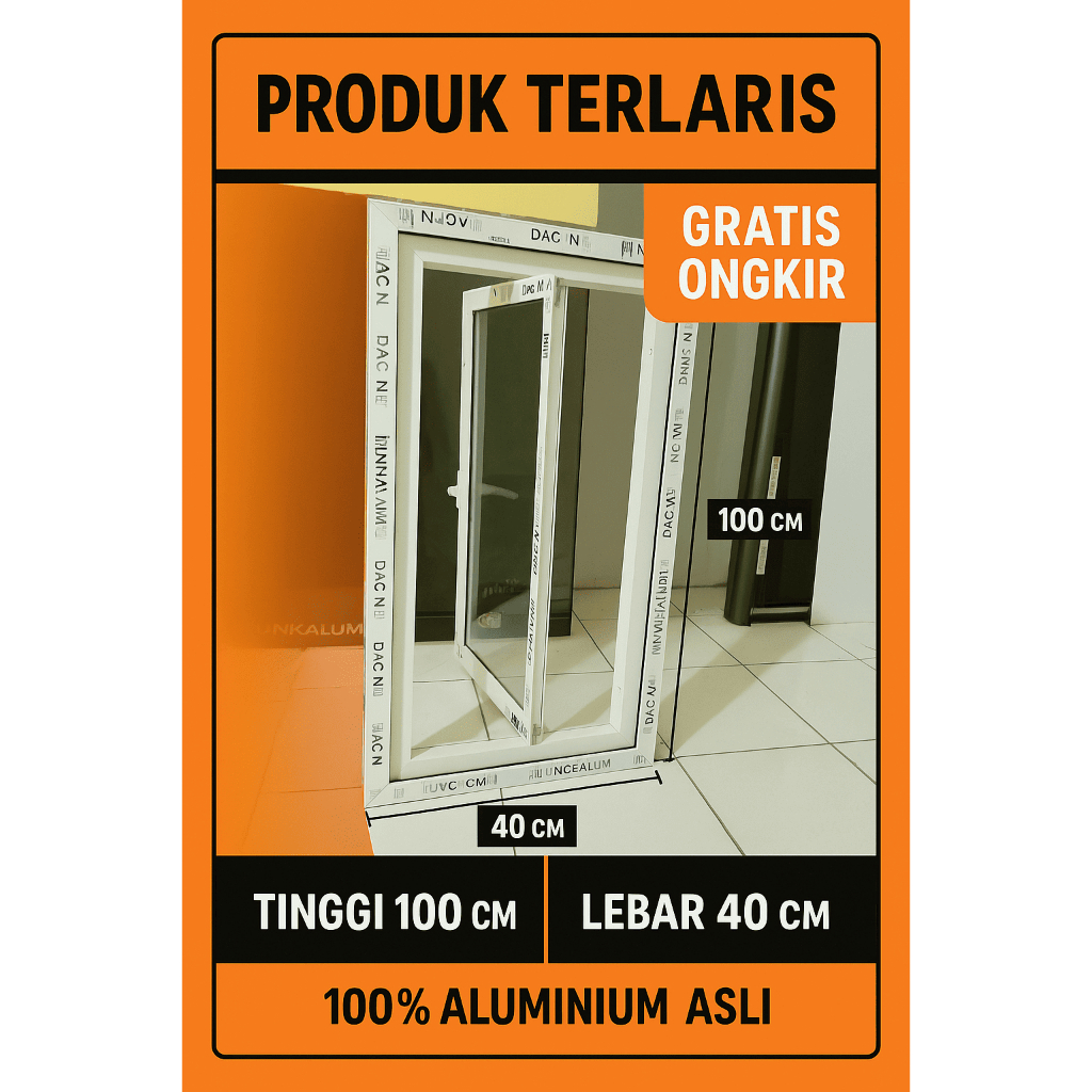 Kusen jendela aluminium ukuran 40x100 lengkap tinggal pasang