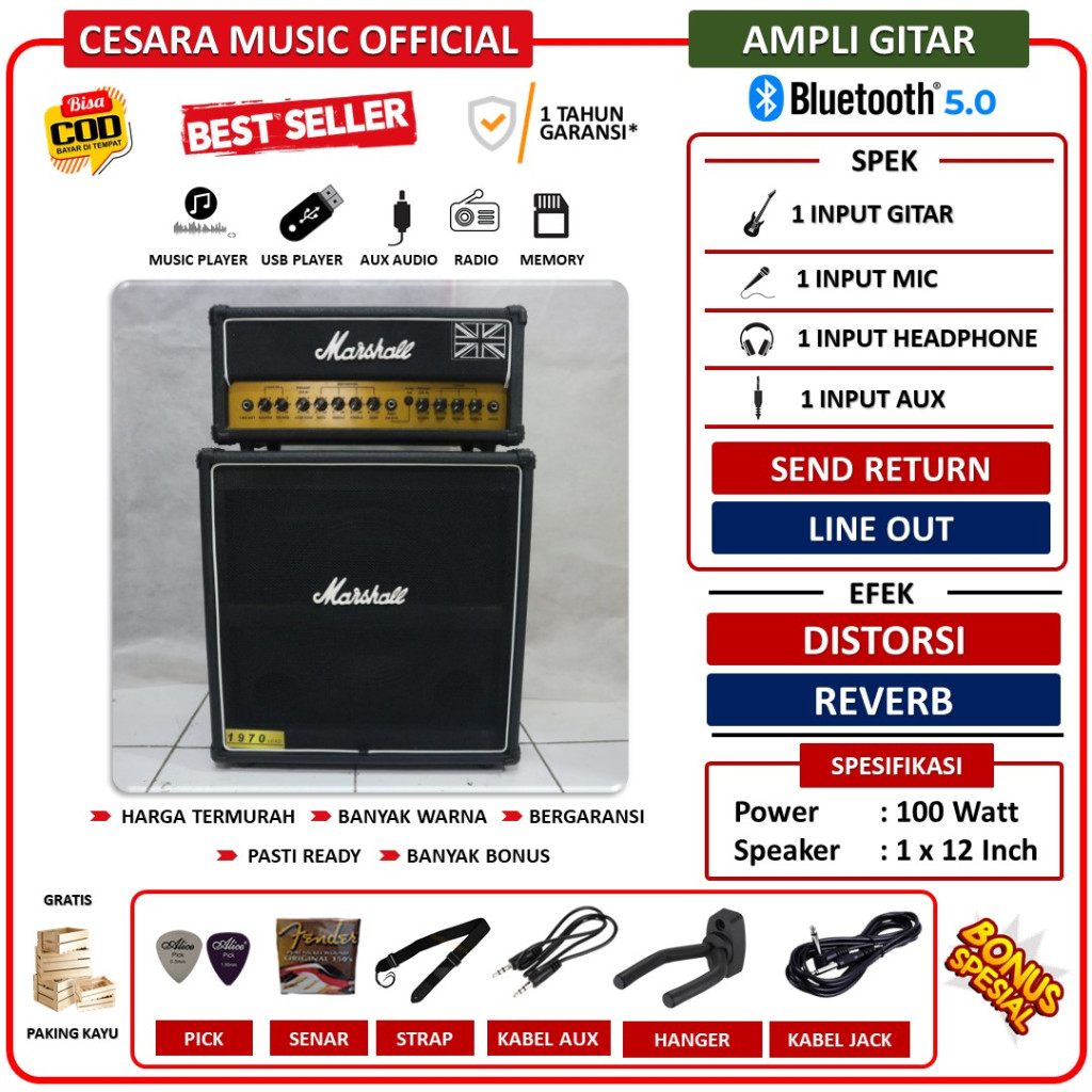 Ampli Gitar & Bass 12 Inch Bluetooth bisa untuk karaoke Head Cabinet 3 Input Bonus Kabel Jack