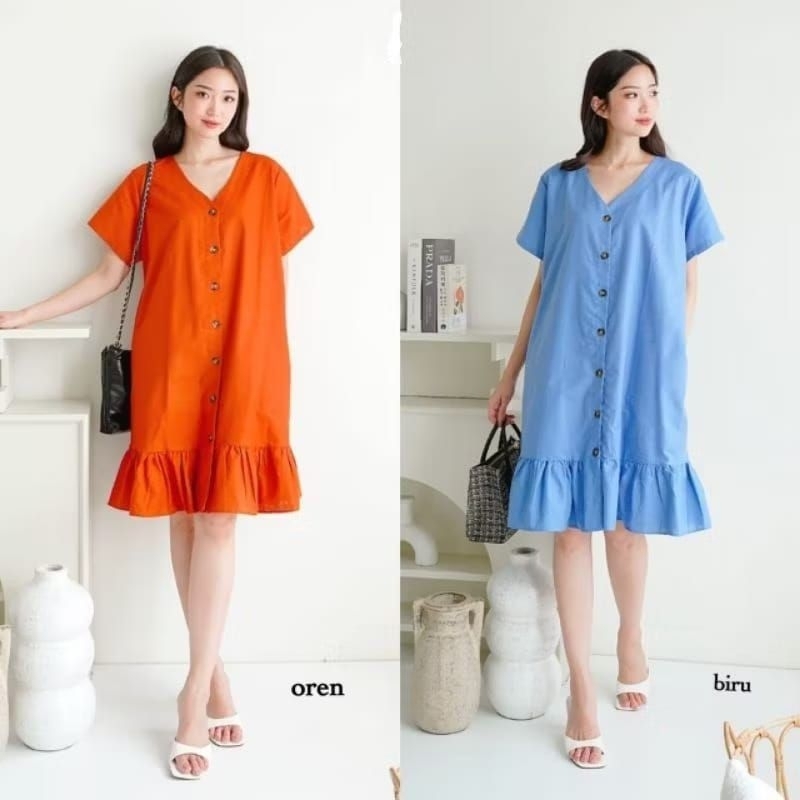 MIDI DRESS PREMIUM PAKAIAN WANITA // DRESS KANCING FULL HIDUP // DRESS LEBARAN Casual Rayon Panjang 