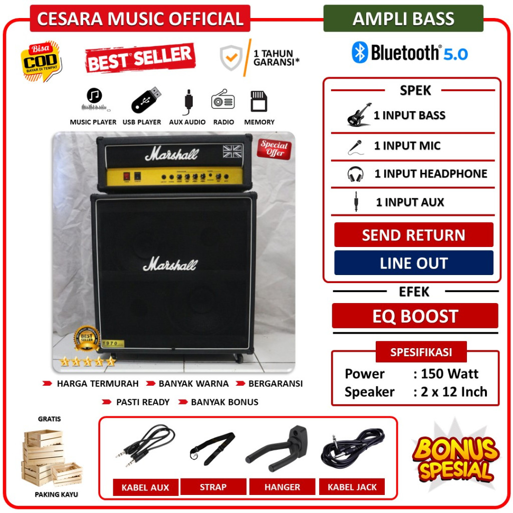 Ampli Bass & Gitar 2x12 Inch bluetooth bisa untuk karaoke 3 Input Marshall Head Cabinet termurah ber