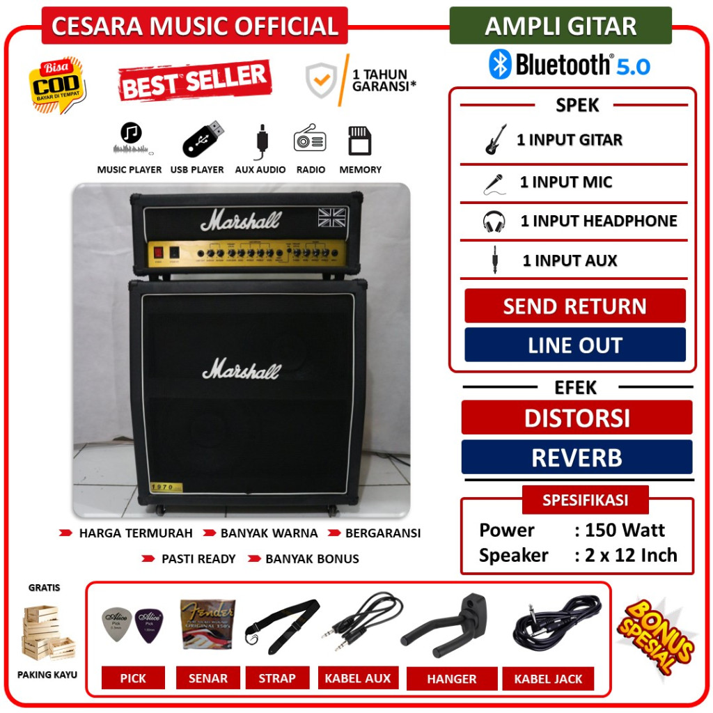 Ampli Gitar & Bass 2x12 bluetooth Inch bisa untuk karaoke 3 Input Marshall Head Cabinet termurah ber