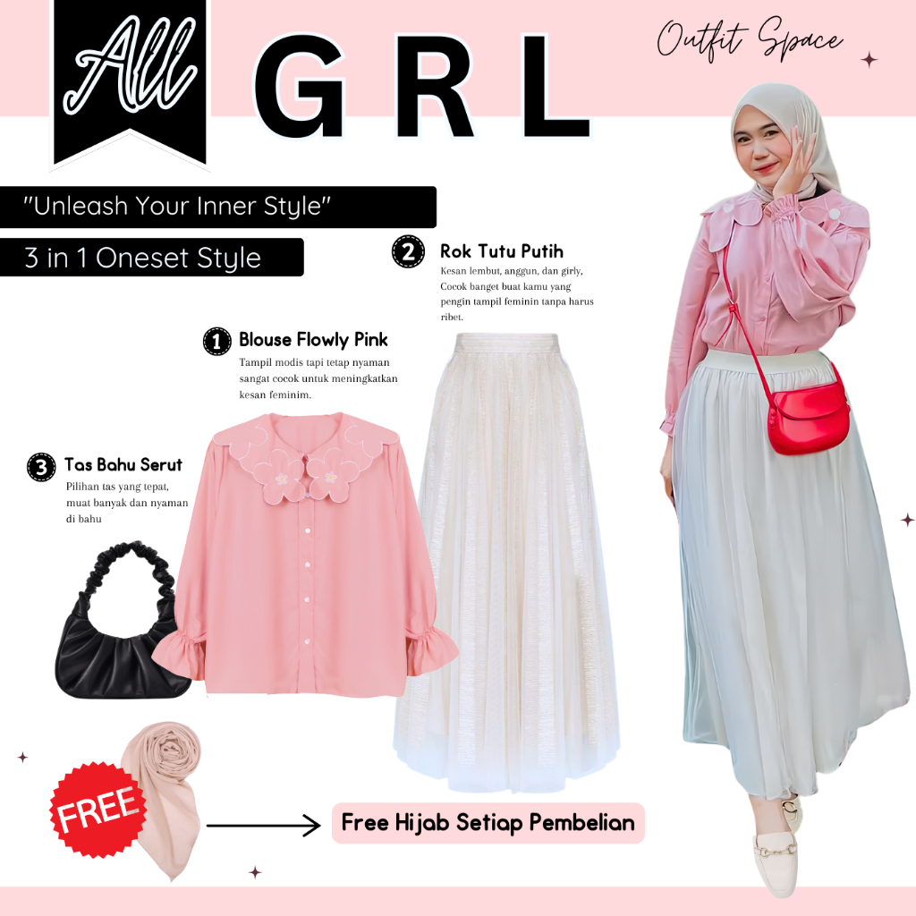 Setelan Wanita Kekinian | Tas , Blouse Bunga, Rok Tutu | OOTD Berhijab - OS21