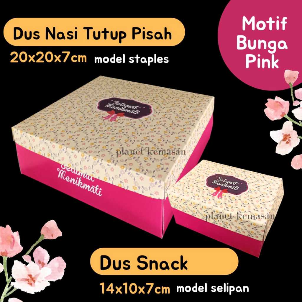 Dus nasi 20x20x7cm tutup pisah motif flower pink dus snack 14x10x7 dus nasi box nasi motif lucu