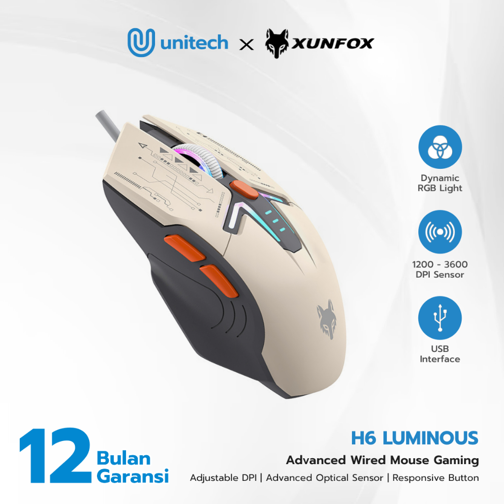 Mouse Gaming Kabel 6D XunFox H6 3600 DPI RGB Light Ergonomic Desain Panjang Kabel 130CM