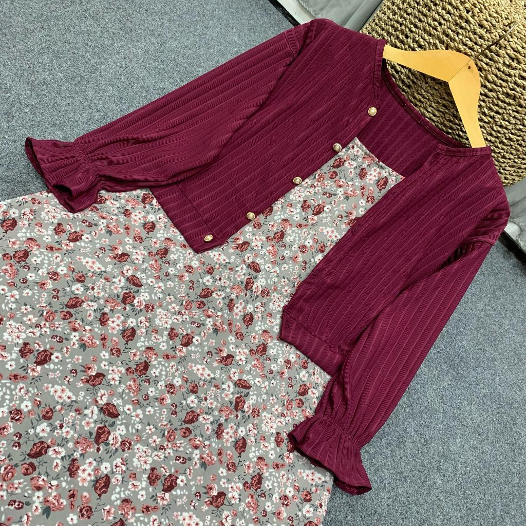 SETELAN CARDI KNIT HORNET + OVERALL DRESS MOTIF BUNGA / ONE SET CARDIGAN KNIT HORNET + OVERALL DRESS