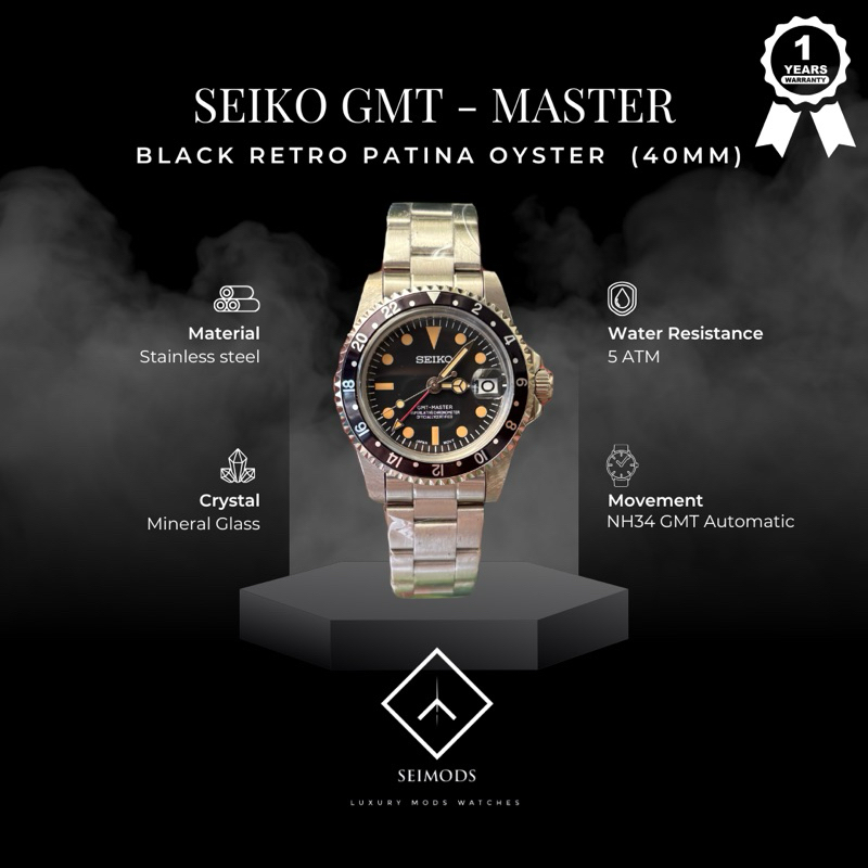 Jam Tangan Seiko Mod GMT Master Vintage Retro NH34 Automatic Watch Oyster