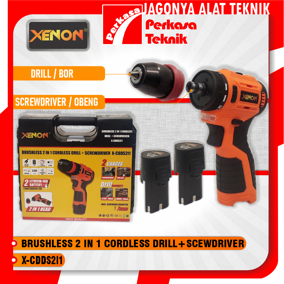 XENON CDDS2I1 Bor + Obeng Baterai 12V 1.5A 2 Fungsi Brushless 2 in 1 Cordless Drill + Screwdriver