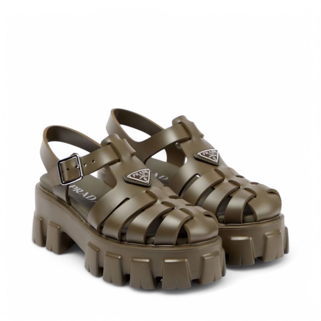 [READY STOCK] PRADA SANDALS MONOLITH FOAM RUBBER TRIANGLE IN MILITARY GREEN
