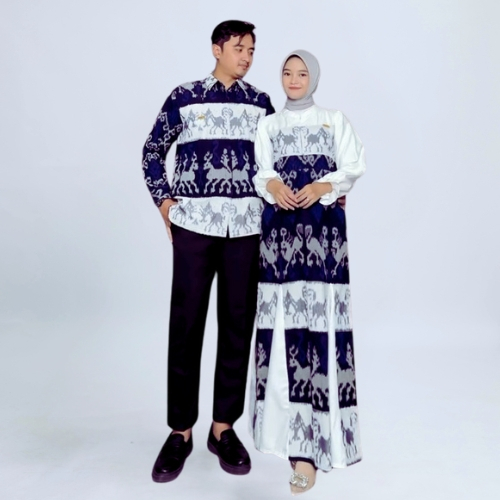 Gamis Dress Etnik Tenun Premium Remaja Wanita dan kemeja Pria Gamis Tenun Etnik Kombinasi Motif Hewa