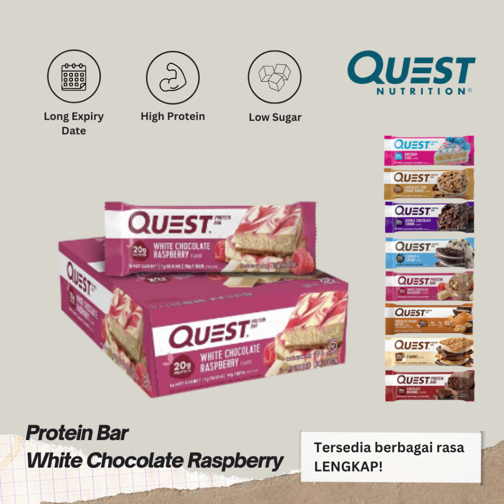 

Quest Protein Bar 60g Rasa White Chocolate Raspberry Nutrition Energy Healthy Snack Bars Fitness Gym Low Sugar High Protein High Fiber