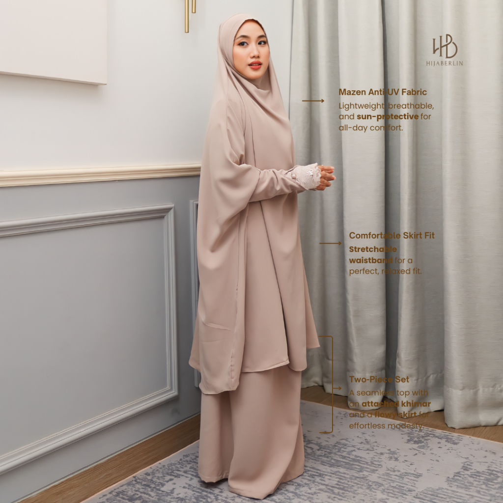HIJABERLIN - Hafshah Khimar Set Taupe - Mazen by Sultan Anti UV Gamis Syari FK Haji & Umroh