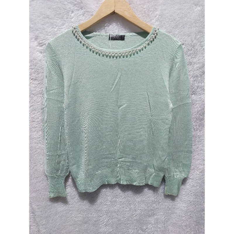 RU BLOUSE RAJUT SOFT KNIT LENGAN BALON MIX MUTIARA CROPTOP
