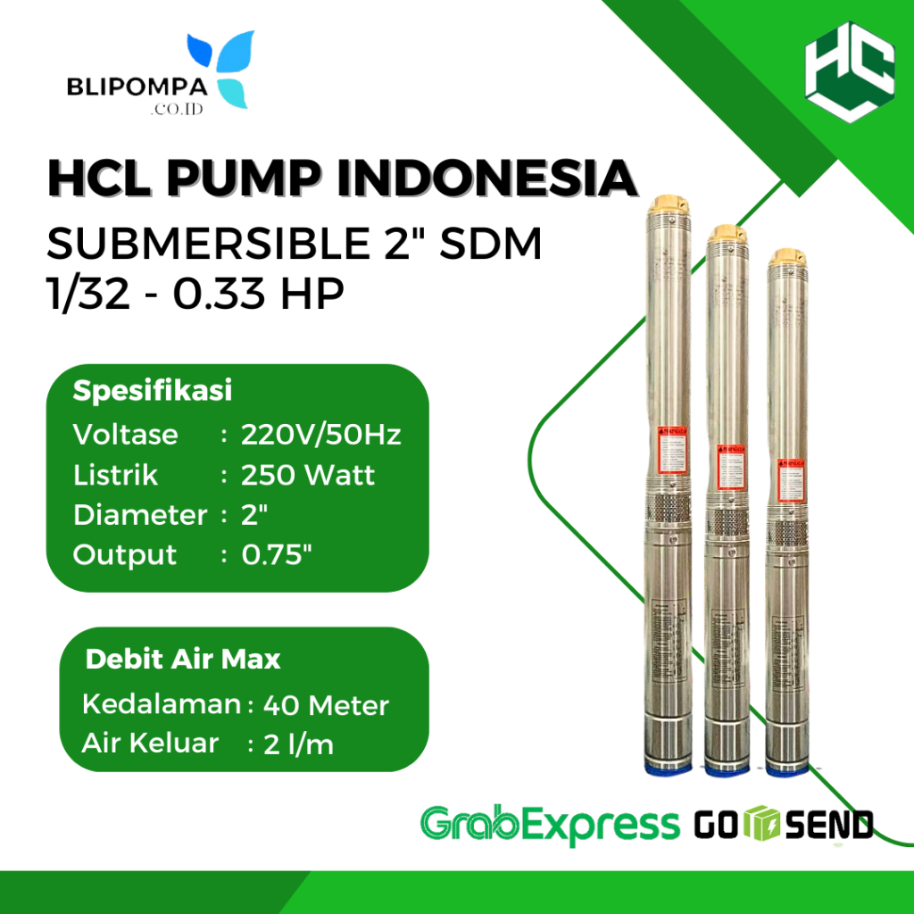 HCL PUMP SUBMERSIBLE 2” SDM 1/32 0.33 HP - pompa satelit pompa celup