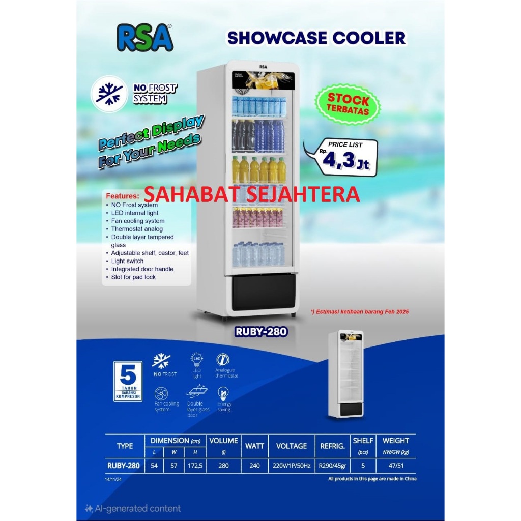 RSA Display Cooler RUBY-280 Kulkas Showcase Minuman 1 Pintu - Pendingin Minuman Hemat Listrik