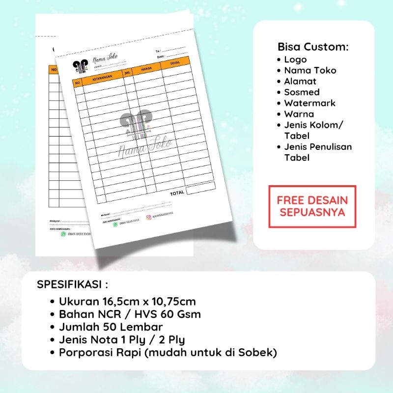 Nota 2ply | Nota Murah | Nota Custom | Nota 1/4 | Free Desain Sepuasnya