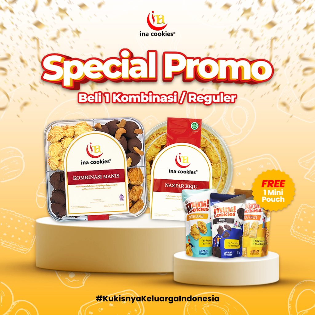 

[Promo Special] Beli 1 KOMBINASI / REGULER Free 1 MINI COOKIES POUCH - Kue Kering INA COOKIES MALANG