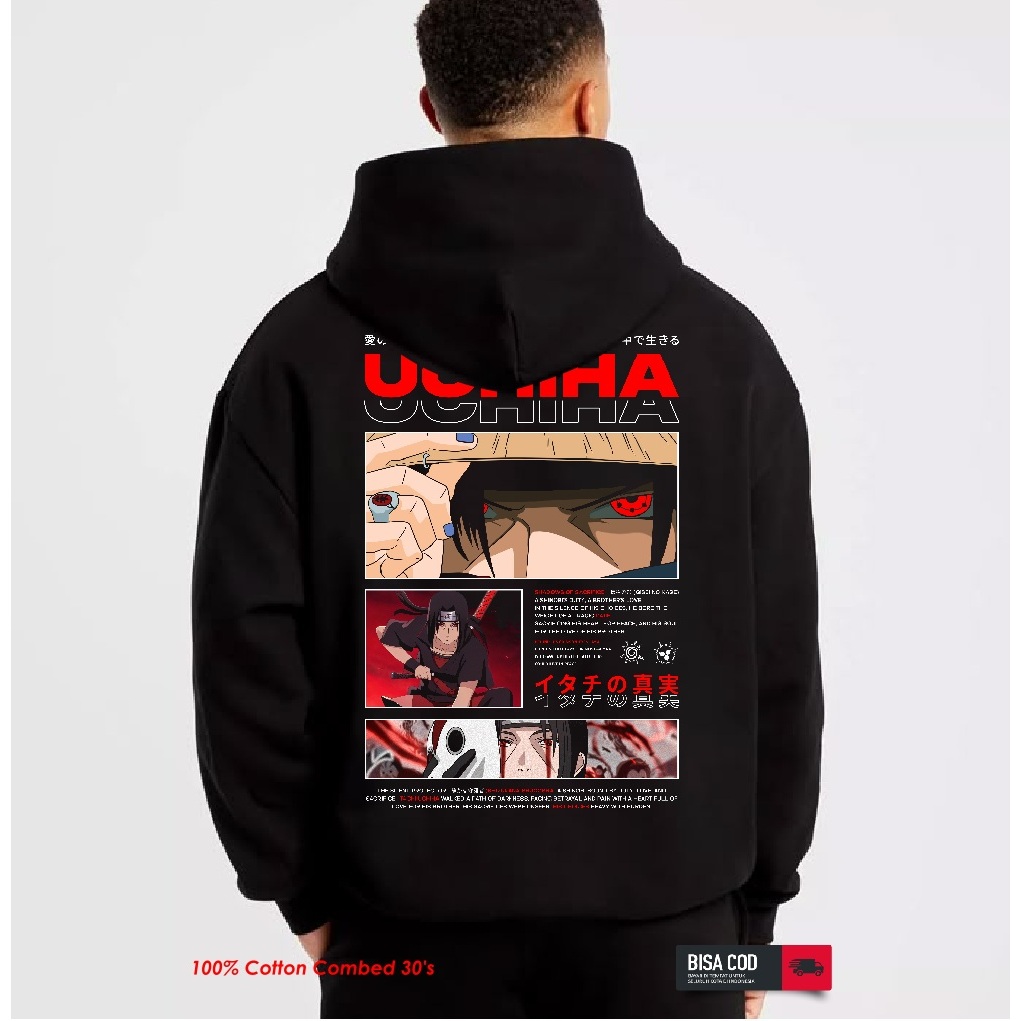 Jaket hoodie cowok bahan tebal aesthetic warna hitam sablon UCHIHA ITACHI anime varuto kualitas dist