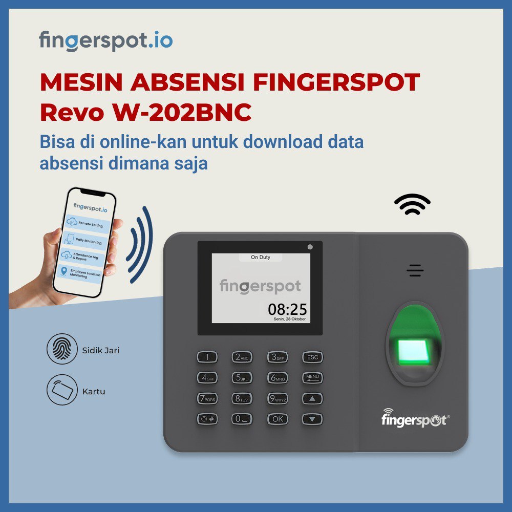 Paket Online Mesin Absensi Finger Print (Sidik Jari) Fingerspot Revo W-202BNC WIFI & Aplikasi Finger