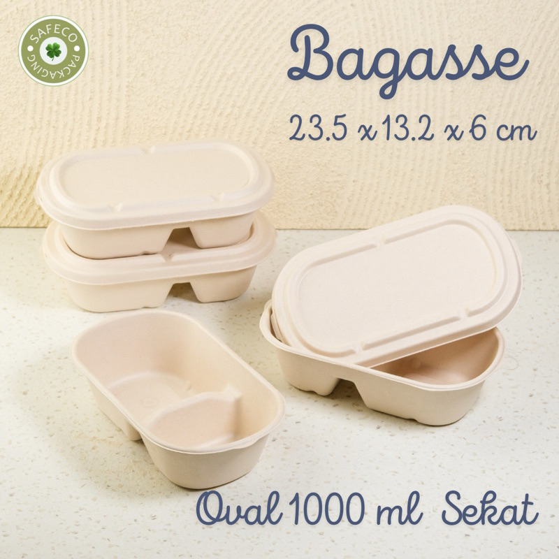 Bagasse Oval 1000ML 2C Bento Lunch Box Kraft Paper Kotak Tempat Makan Kertas 2 Sekat 2