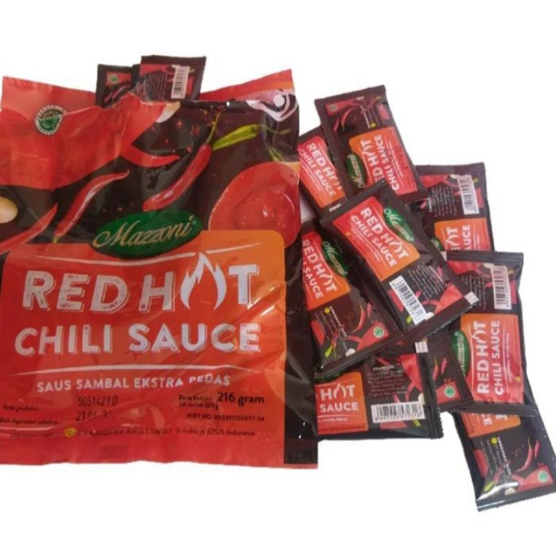 

1 bungkus saus cabe extra pedas red hot Chili sauce merek Mazzoni isi 24stick x 8 gram