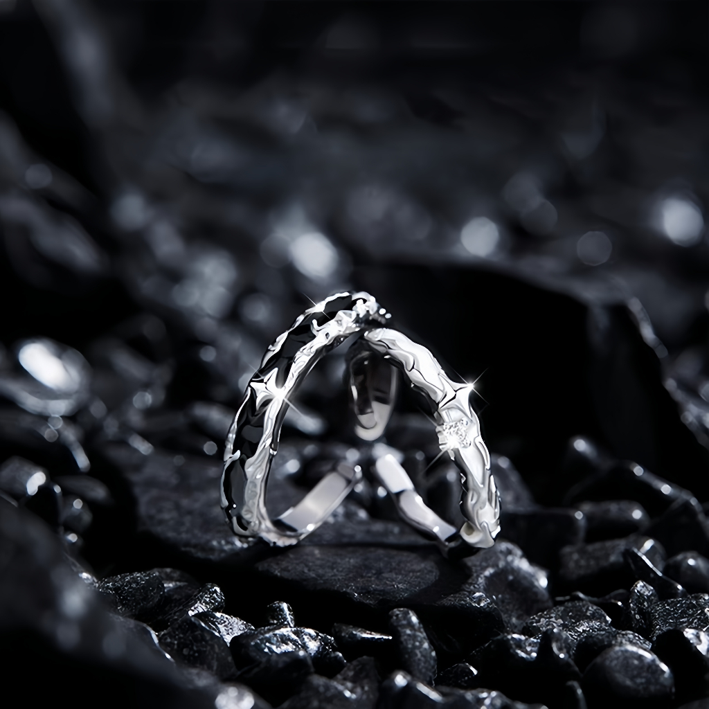 Teconi Cincin Couple Ring Wanita Pria Black and White Star Adjustable Silver 925 CR100 - Garansi 6 B