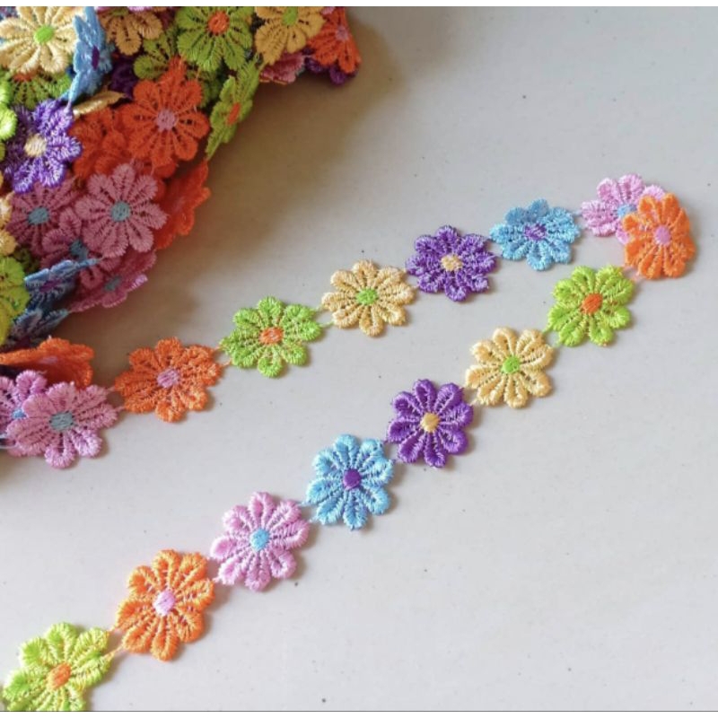 Renda bunga pelangi / Renda melati 2.5cm / Renda giper / Renda bordir bunga