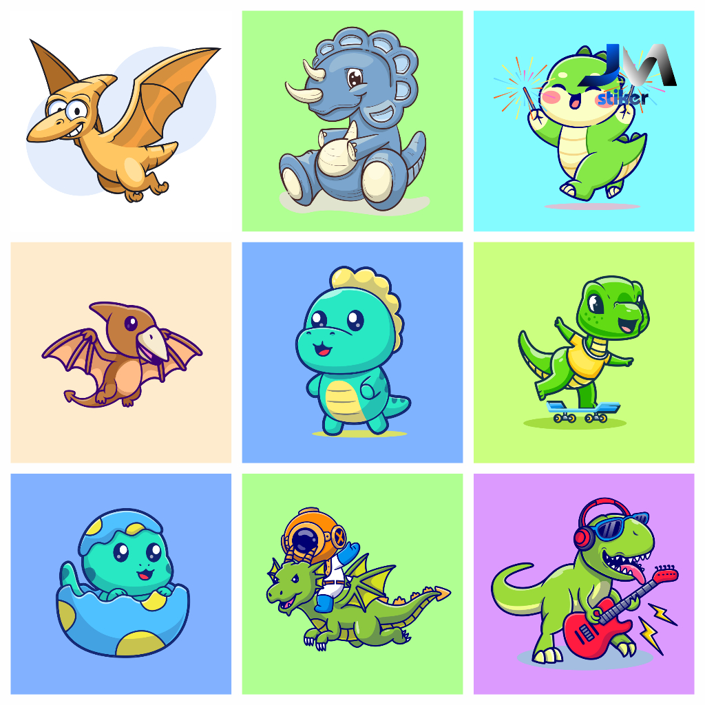 

Stiker custom gambar lucu dinosaurus bahan vinyl ukuran 6 x 6 cm