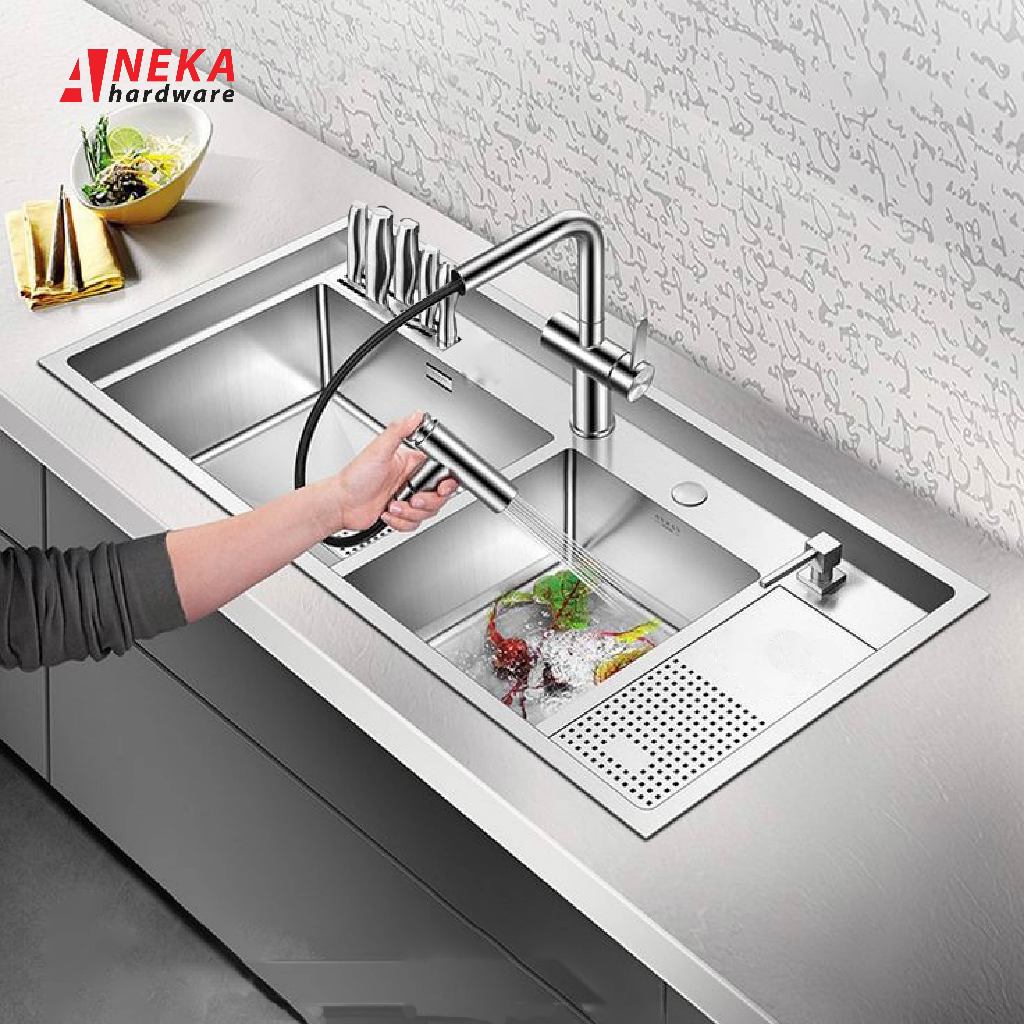 Kitchen Sink 1 dan 2 Lubang Luxury Stainless Steel Bak Cuci Piring Wastafel Besar Kecil
