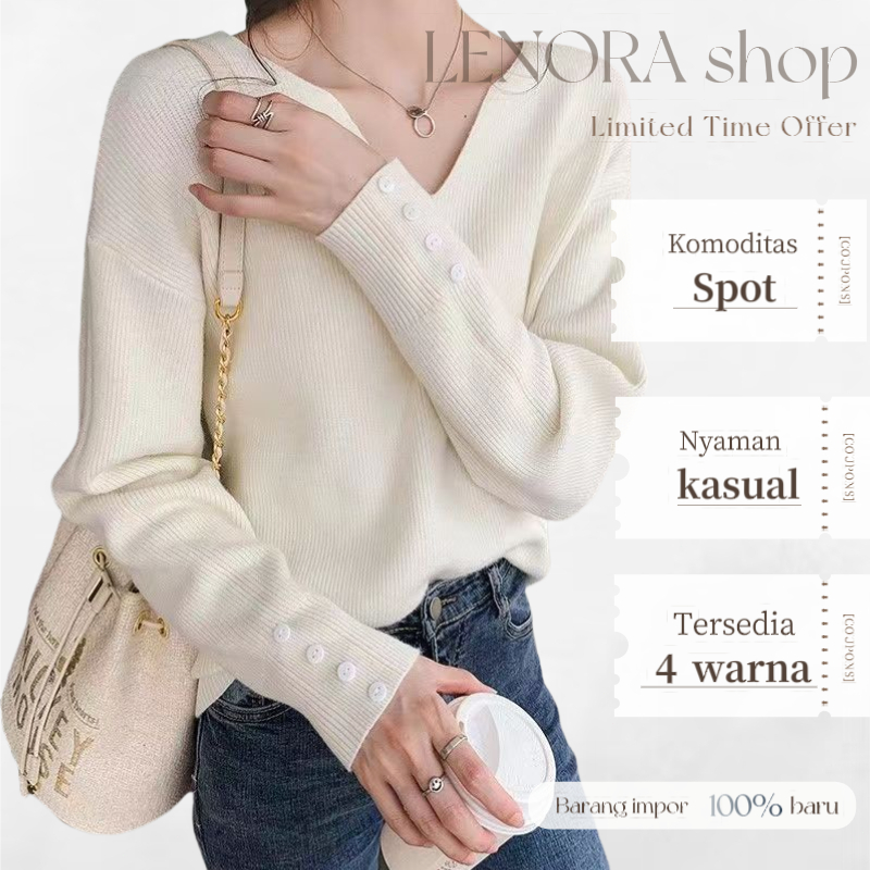 Sweater Knit Korea Sweater pullover berkerah V  Wanita Lengan Panjang