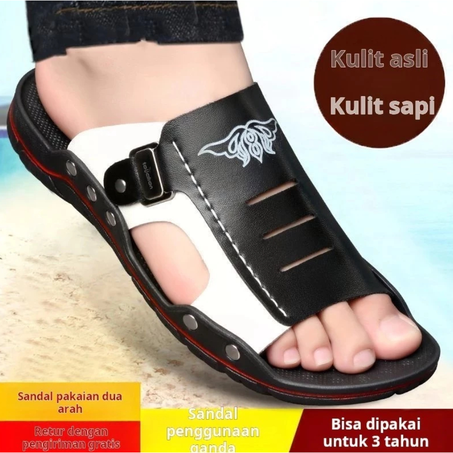 FourTeenStorePantofel Sandal Slip On Pria Kulit Sapi warna Hitam dan Putih Anti Slip / Kode 456