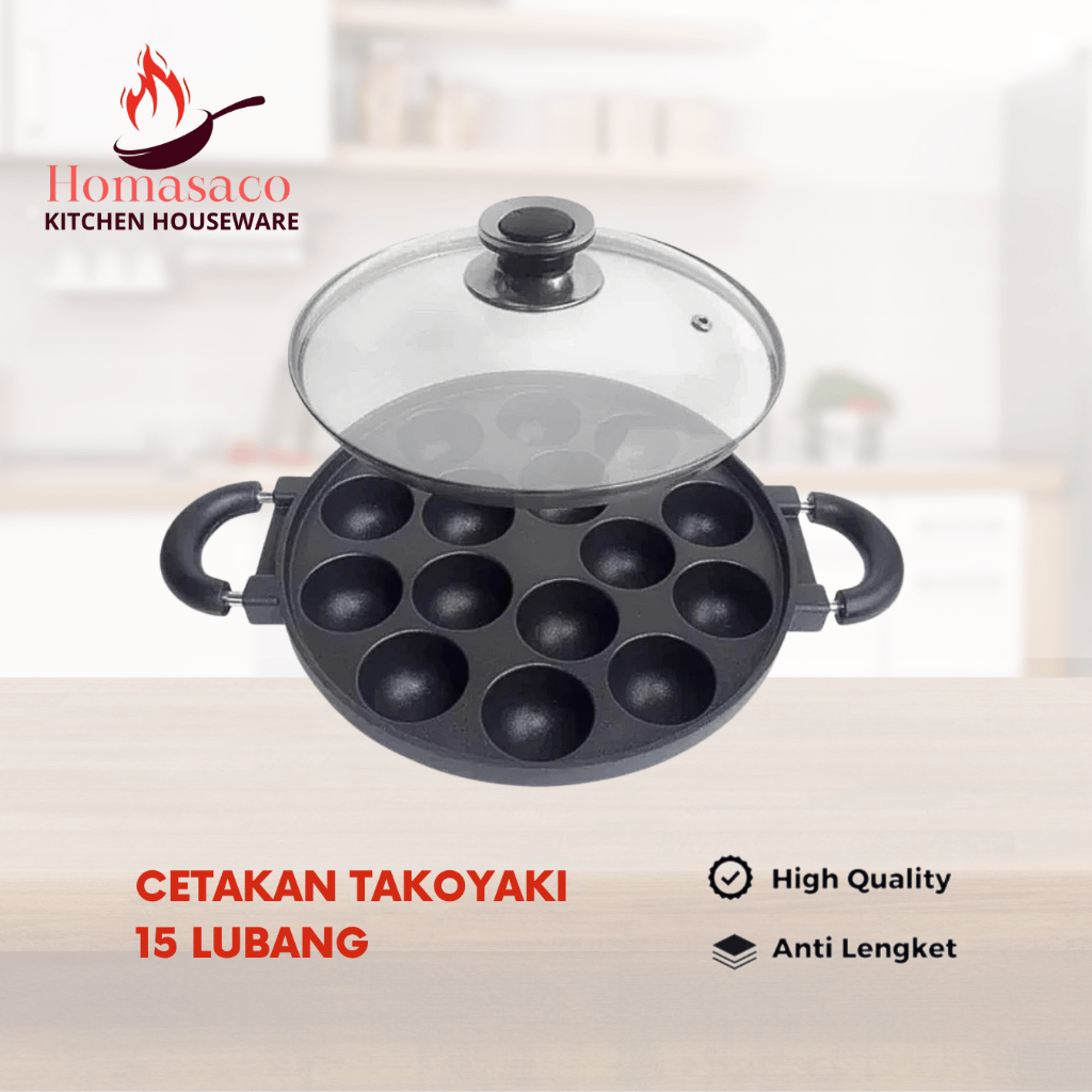 Homasaco Cetakan Takoyaki - Telur Puyuh - 15 Lubang - Teflon + Tutup Kaca