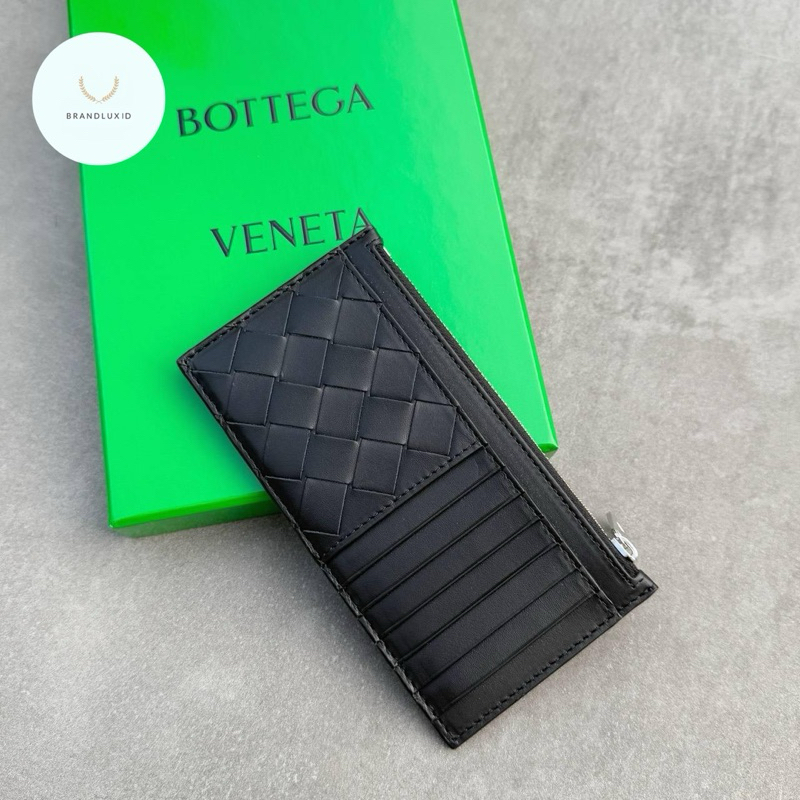 Bottega veneta intrecciato long zippered multi cardholder in black 14cc + 2 side slot + 1central zip
