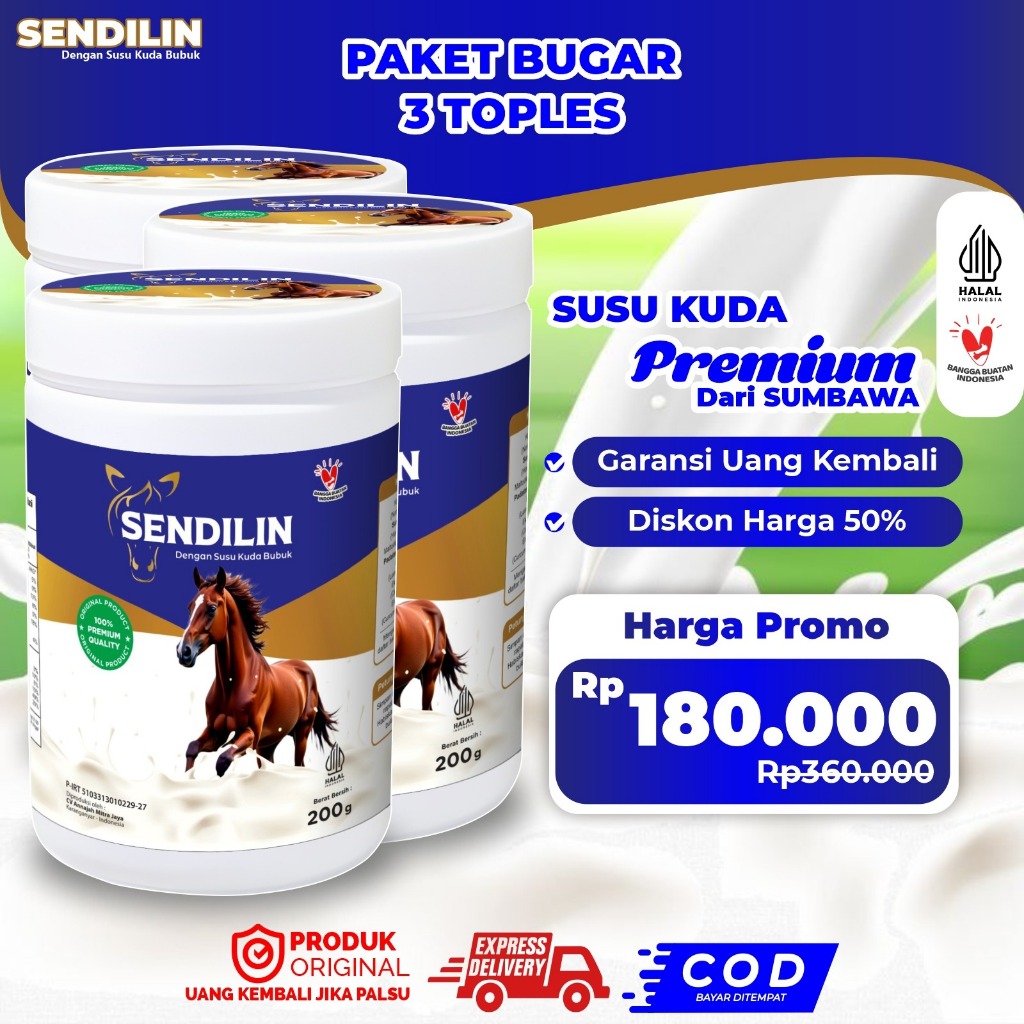 

Paket 3 Toples Susu Bubuk Kuda Liar Sumbawa Sendilin Plus herbal 200gr - Atasi Nyeri Sendi dan Tulang Asli