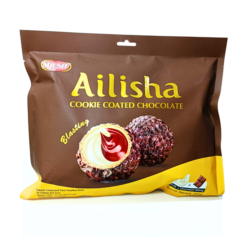 

Cokelat Ailisha Cookie coated 200gr/Cokelat Ailisha milk + chocolate filling 200gr