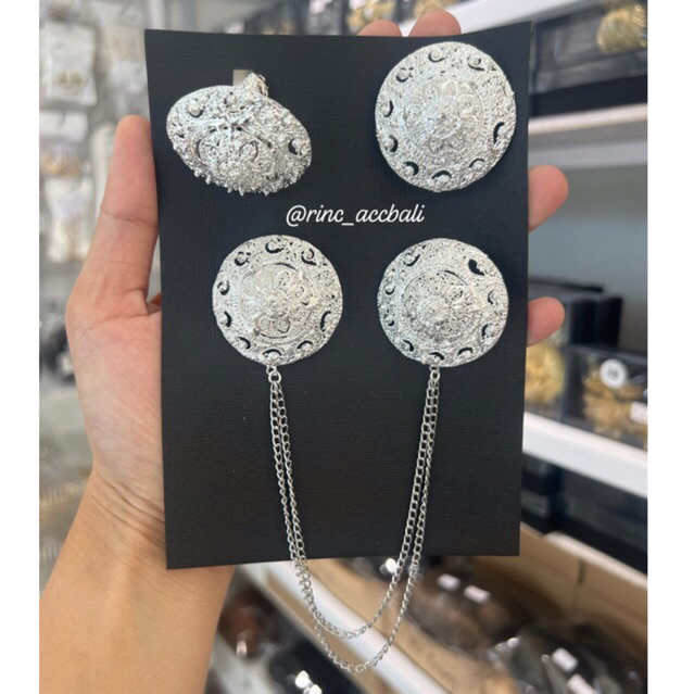Set Bros Rantai Silver Bulat Padi Ukir Besar / full alpaka tebal dan cembung / anti karat / rias pen